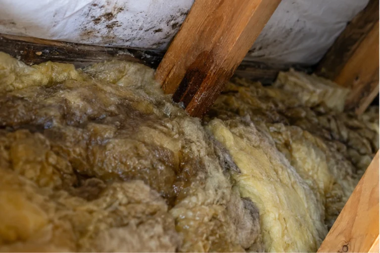 Mokra wełna mineralna między drewnianymi krokwiami na poddaszu.