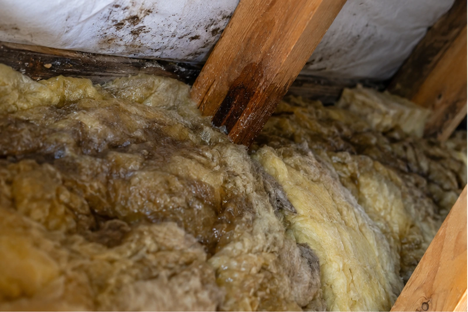 Mokra wełna mineralna między drewnianymi krokwiami na poddaszu.