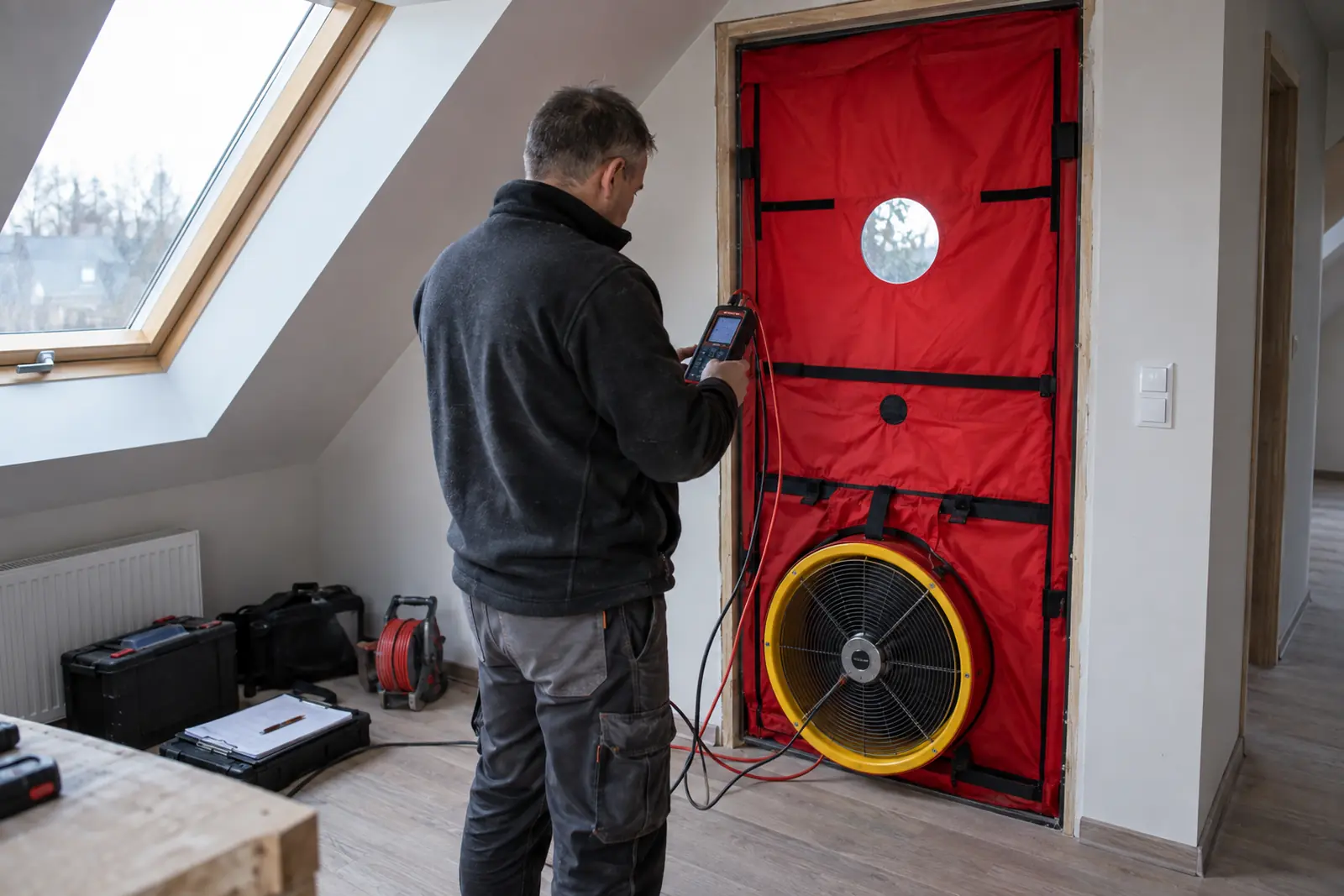 Technik obsługujący wentylator i manometr podczas testu szczelności poddasza
